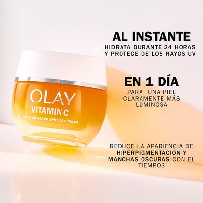 Olay Vitamin C Crema Facial de Día SPF30. Skincare Hidratante, Iluminador y Antimanchas con Protección Solar SPF30. Con Vitamina C y Niacinamida. Unifica e Hidrata. No Grasa, No Pegajosa. 50ml