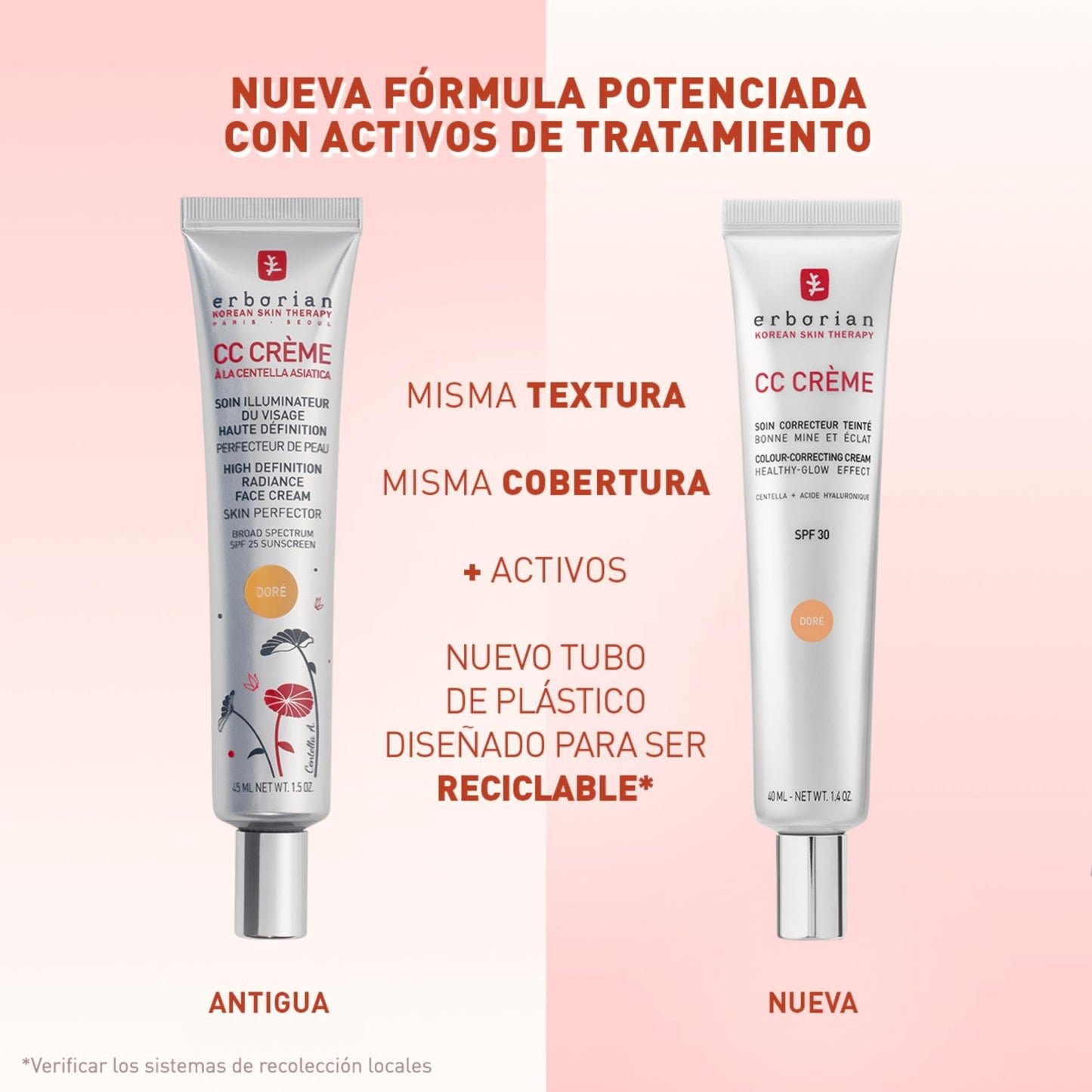 Erborian - CC Crème con Centella Asiática - Crema Facial Iluminadora de Alta Definición y Maquillaje - Protección Solar SPF 30 - Cosmética Coreana - Doré 40ml