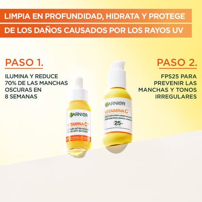 Garnier, Sérum Facial Iluminador y Anti Manchas 2 en 1, Con 20% Vitamina C y SPF25, No graso, Clínicamente probado, 50 ml